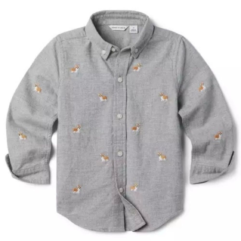Janie & Jack Boys Long Sleeve Embroidered Corgi Button Down Cotton Shirt. 6.